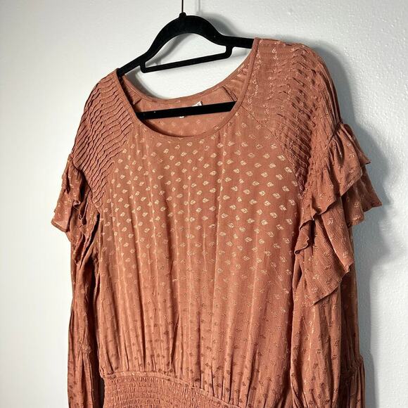 Tularosa Dress Edie Mini Smocked Ruffle Long Sleeve Satin Printed Rust Copper M - Picture 7 of 8